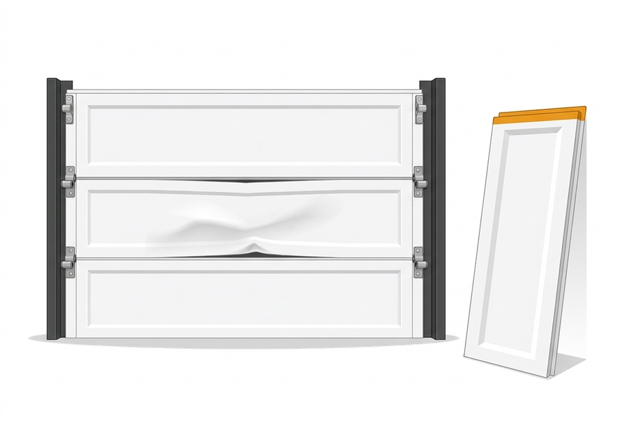 Illustration of a garage door with a dented section, and a new replacement section leaning beside it