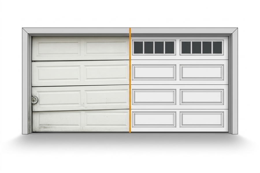 Illustration of a garage door split down the middle: an old sagging half with a worn roller on the left, a new white half with a window row on the right