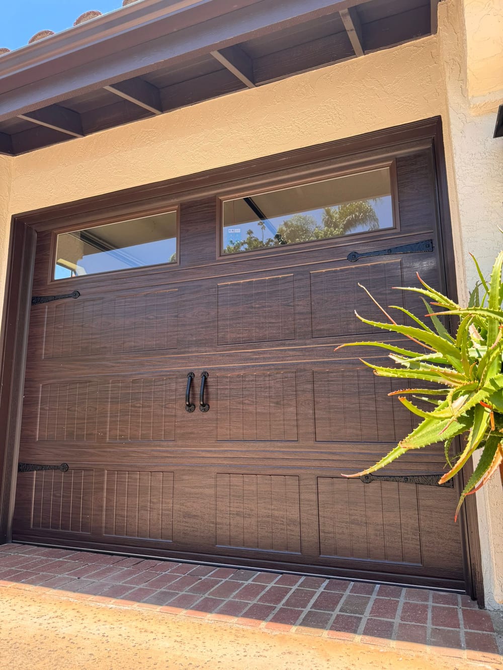 Wood-look carriage garage door with a window row, beside an aloe plant